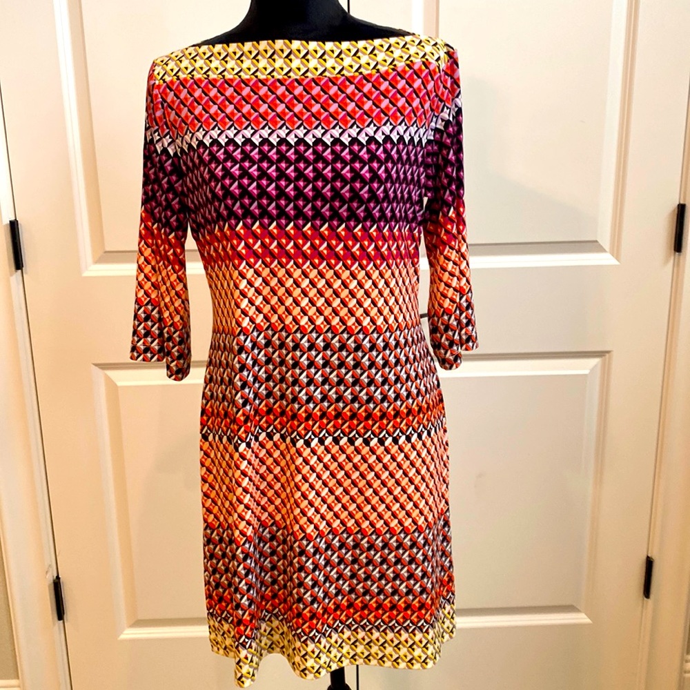 Donna Morgan Multi- Color Boho Geometric 3/4 Sleeve Dress